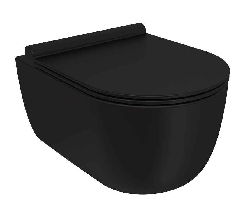 Унитаз подвесной Berges Ego Black Rimless 49 см, сиденье дюропласт Toma Black Slim SO: микролифт, быстросъемное, черный матовый