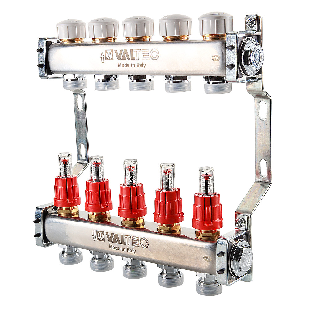 Коллекторный блок Valtec 1" ВР, 10 x 3/4" НР евроконус, с регулирующими клапанами и расходомерами, нержавеющая сталь, VTc.584.EMNX.0610