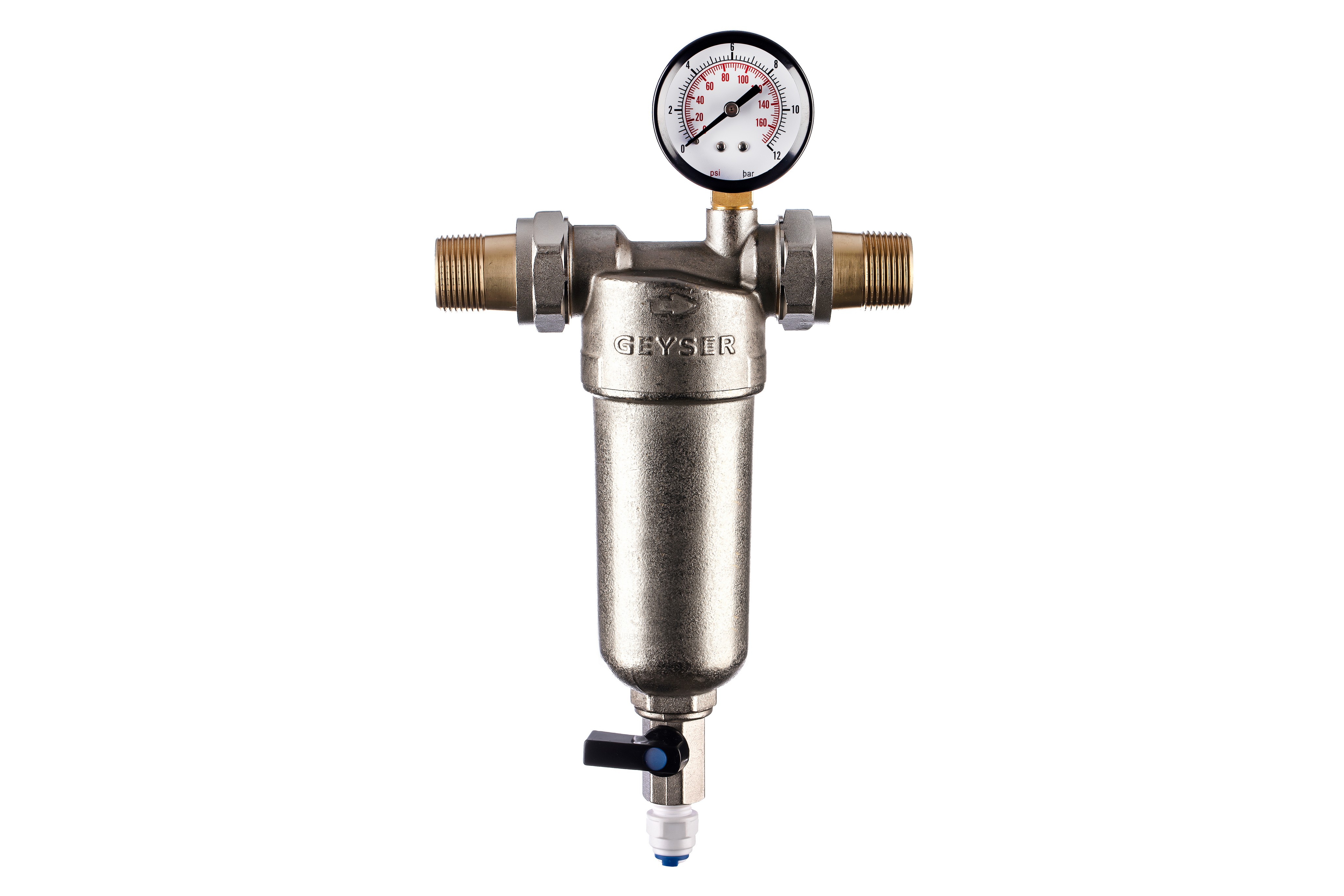 Фильтр сетчатый промывной Гейзер Бастион 122 3/4" для горячей воды, с манометром