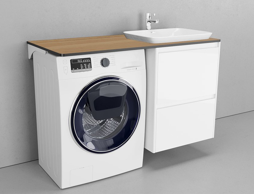 Комплект для стиральной машины Velvex Klaufs 120x60 см: тумба 56x60.2Y подвесная правая, столешница и раковина, белый / светлое дерево (шатанэ), черный